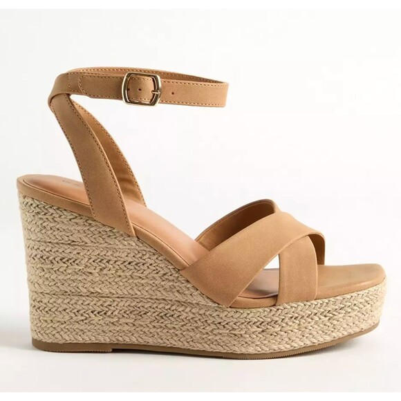 Torrid Espadrille Wedge Sandals Size 8.5 WW Open Toe Tan Ankle Strap 4” Heel NWT - Picture 3 of 7
